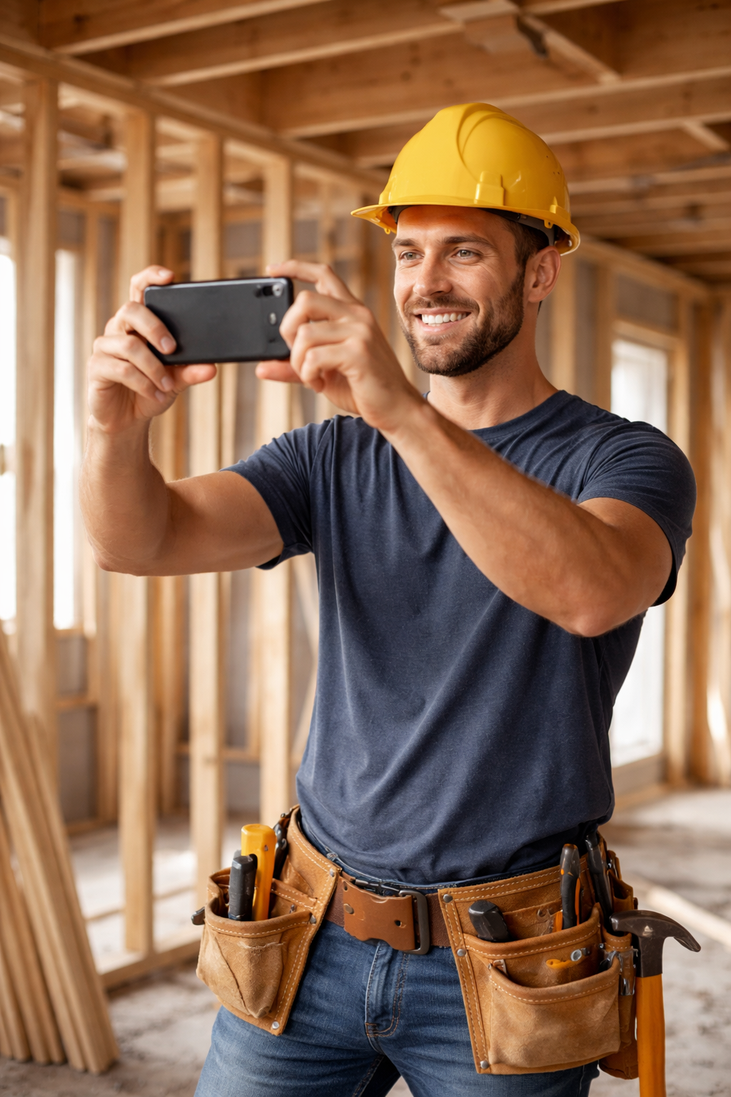 Artisan prenant une photo d'un chantier avec son smartphone